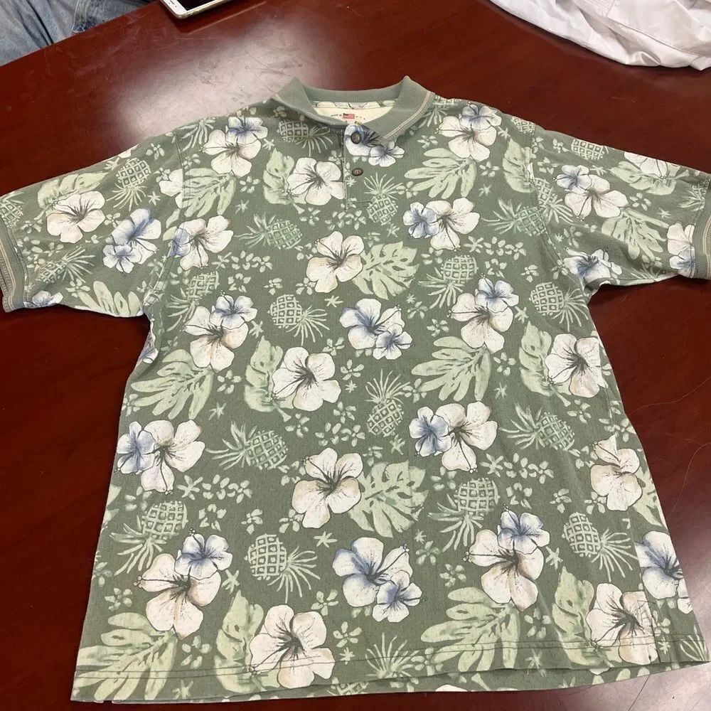The Skins Game Green Floral Polo Shirt sz L EUC